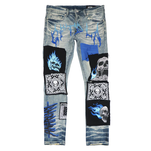 GFTD LA Los Angeles Men's Skinny Fit Panel Patch Fire Skull Distressed Rip Jeans - Picture 6 of 7